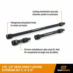 Gearwrench 84927N 3 Pc. 3/8" Drive Impact Locking Extension Set (3", 6" & 12")