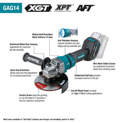 Makita GAG14Z 40V max XGT Brushless Cordless 4-1/2" / 6" Paddle Switch Angle Grinder, with Electric Brake, Tool Only
