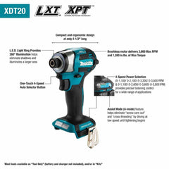 Makita XDT20Z 18V LXT Lithium-Ion Brushless Cordless Quick-Shift Mode 4-Speed Impact Driver
