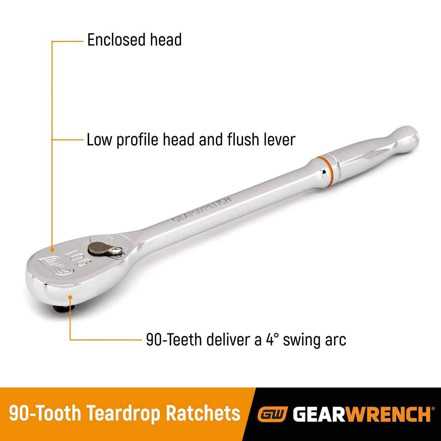 Gearwrench 81264T 3/8" Drive 90-Tooth Long Handle Teardrop Ratchet 11"