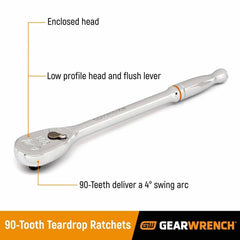 Gearwrench 81264T 3/8" Drive 90-Tooth Long Handle Teardrop Ratchet 11"