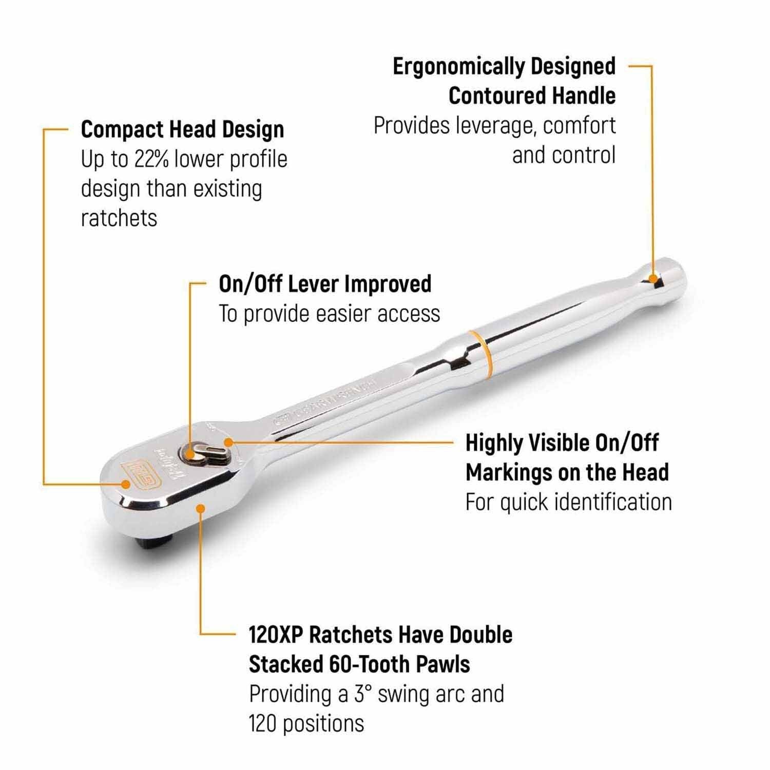 Gearwrench 81269XP 3/8" Drive 120XP Full Polish Chrome Extra Long Handle Teardrop Ratchet 18"