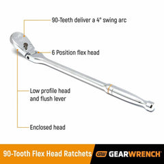 Gearwrench 81306T 1/2" Drive 90-Tooth Flex Head Teardrop Ratchet 17"