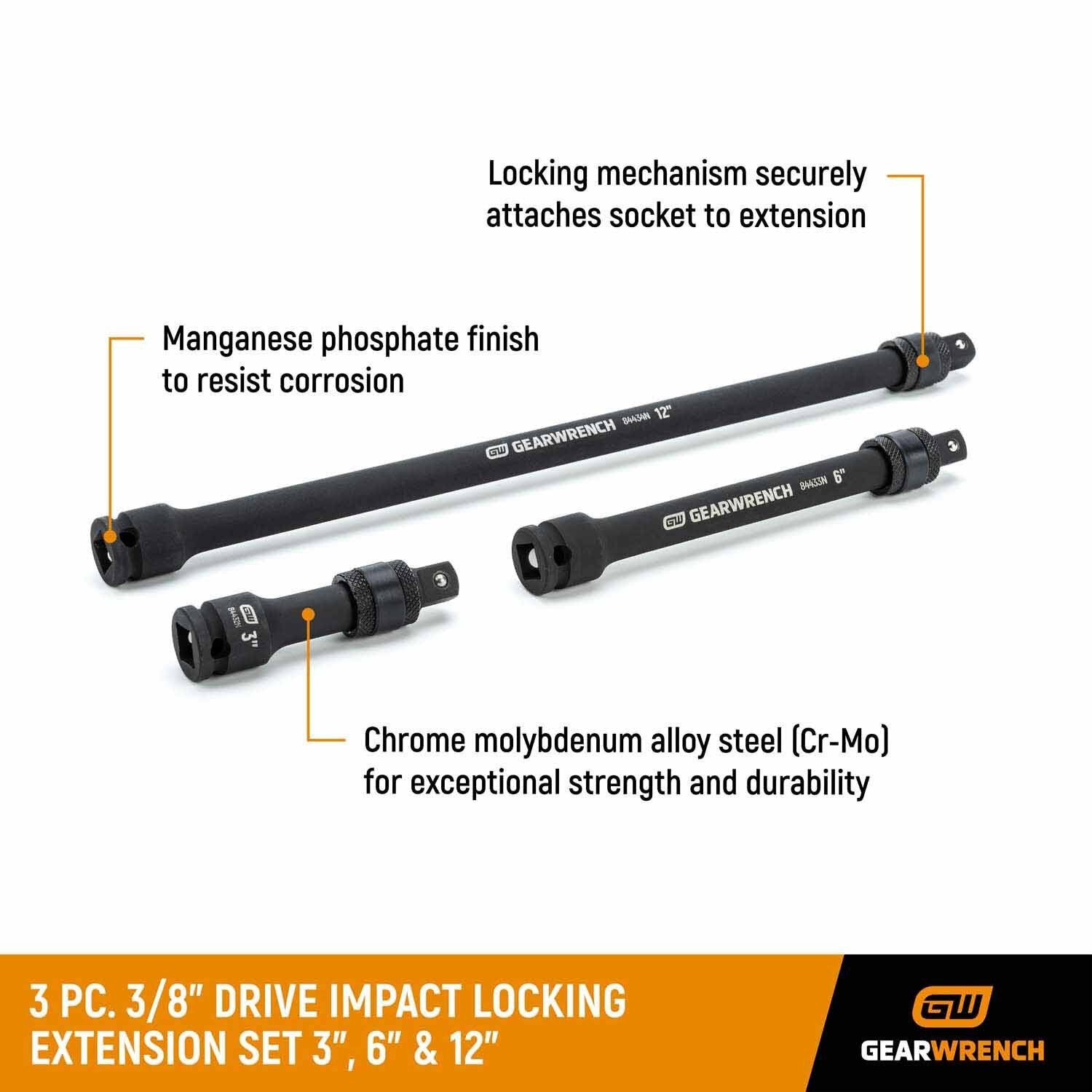 Gearwrench 84927N 3 Pc. 3/8" Drive Impact Locking Extension Set (3", 6" & 12")