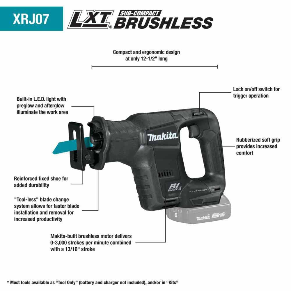 Makita CX203SYBXRJ 18V LXT Li-Ion Sub-Compact Brushless Cordless 2-Pc. Combo Kit with Recipro Saw