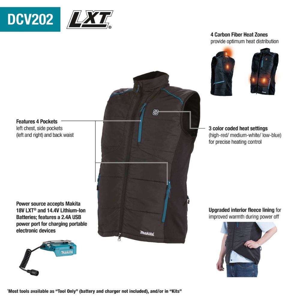 Makita DCV202ZL 18V LXT Lithium-Ion Cordless Heated Vest, Vest Only (Black, Large)
