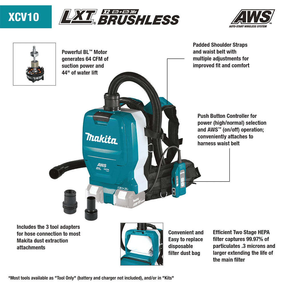 Makita XCV10PTX 18V X2 LXT 1/2 Gallon Backpack Dry Dust Extractor Kit