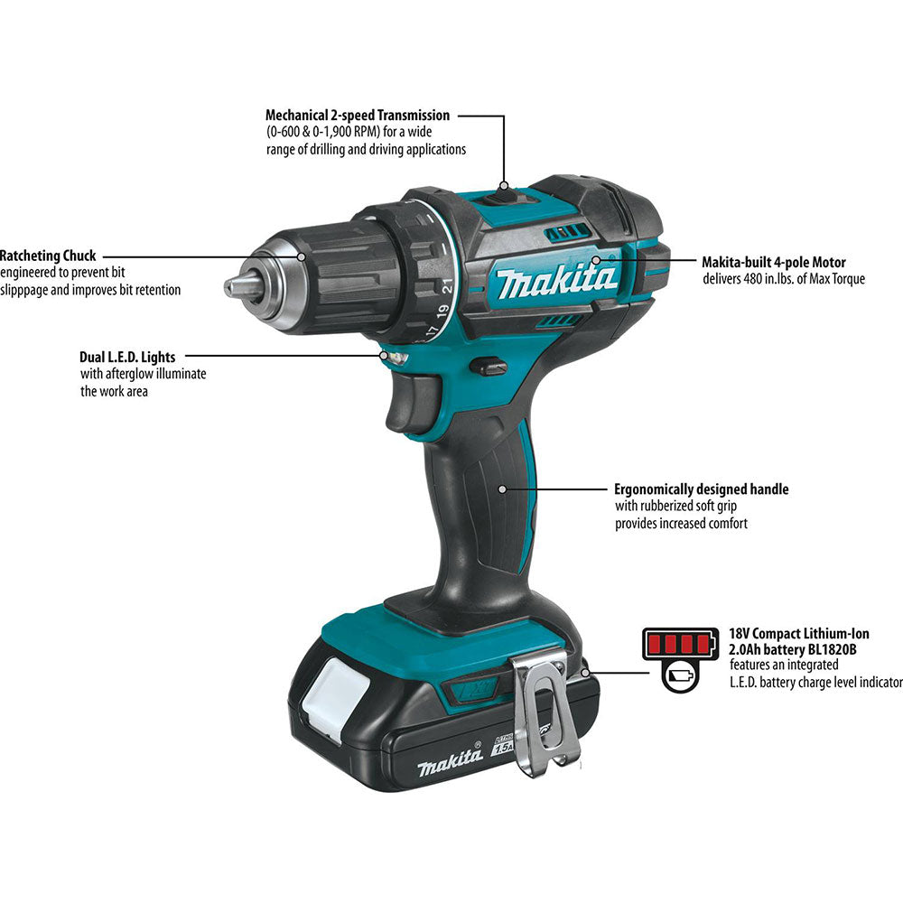 Makita XFD10SY 18V LXT Lithium-Ion Compact Cordless 1/2" Driver-Drill Kit, 480 in. lbs. torque, var. spd., rev., L.E.D. Light, case (1.5Ah)