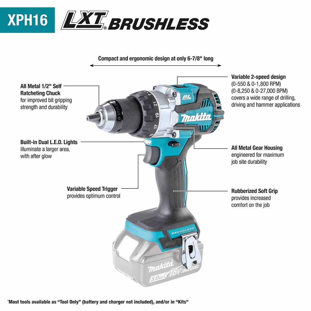 Makita XPH16Z 18V LXT Lithium-Ion Compact Brushless Cordless 1/2" Hammer Driver-Drill, Tool Only
