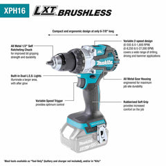 Makita XPH16Z 18V LXT Lithium-Ion Compact Brushless Cordless 1/2" Hammer Driver-Drill, Tool Only