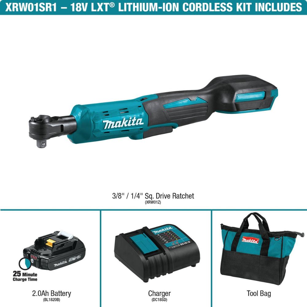 Makita XRW01SR1 18V LXT Lithium-Ion Cordless 3/8" / 1/4" Sq. Drive Ratchet Kit, interchangeable anvils, var. spd., L.E.D. Light, bag, with one battery (2.0Ah)